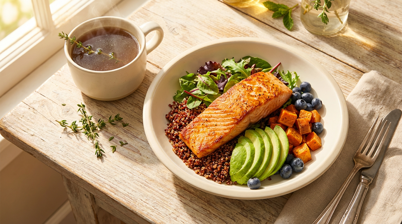 Beautiful PeptideEats protocol plate with grilled salmon, quinoa, avocado, sweet potato, and bone broth