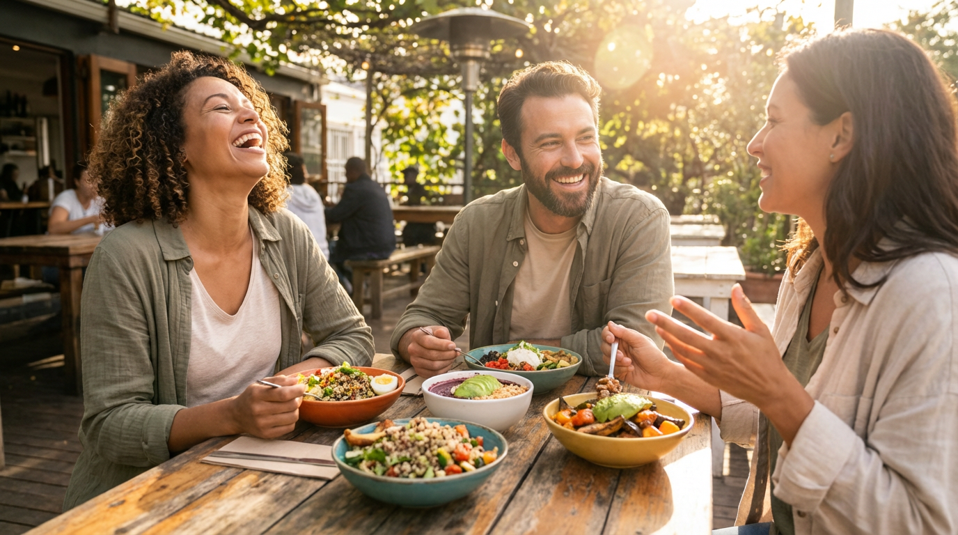 Friends laughing and sharing healthy meals together at a sunlit outdoor table