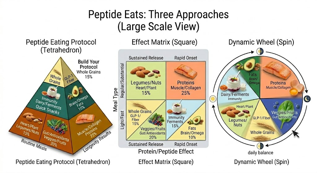 Peptide Eats: Three Approaches — Tetrahedron protocol, Effect Matrix, and Dynamic Wheel for daily balance