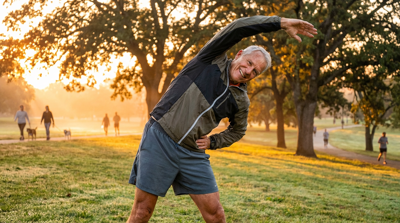 Active older adult stretching outdoors at golden hour, vibrant and strong