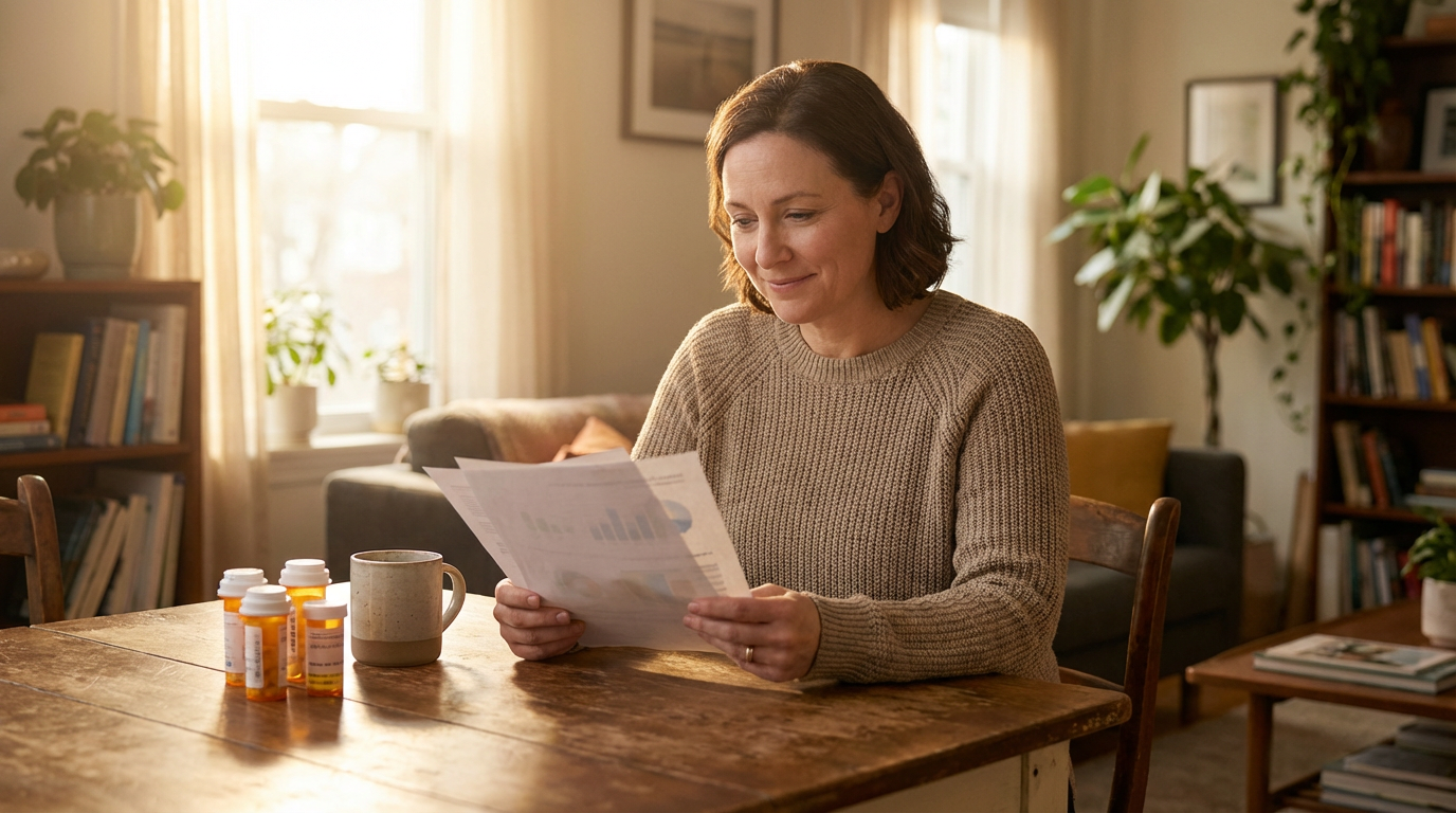 Person reviewing lab results at home, ready to make a health change