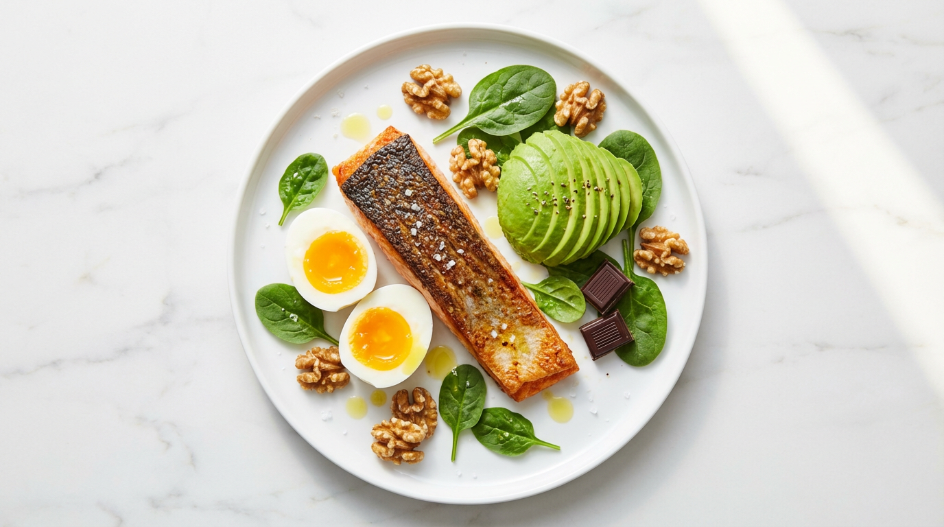 Salmon, eggs, avocado, walnuts, spinach, dark chocolate — The Focus