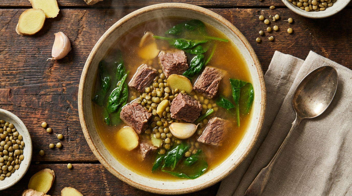 Bone broth with beef, spinach, lentils, ginger — The Cleanse