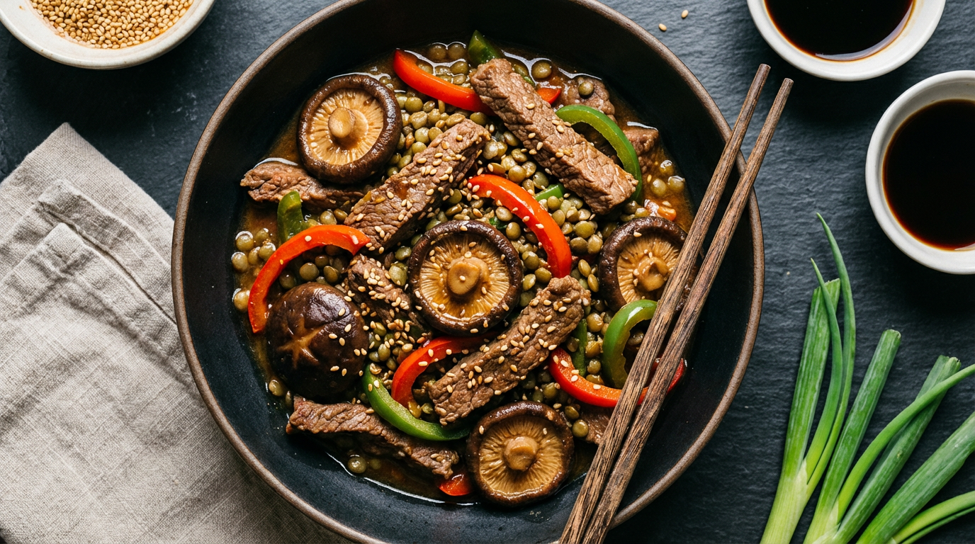 Beef, shiitake mushrooms, lentils, sesame, bell peppers — The Shield