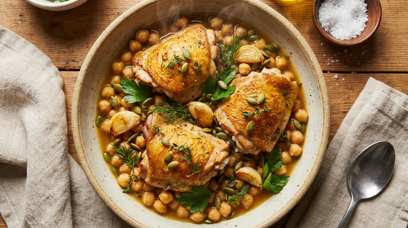 Chicken thighs, chickpeas, garlic, pumpkin seeds in bone broth — Hormone Balance